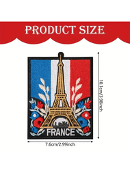 1pc Eiffel Tower France Embroidered Patch - Iron-On French Flag Colors With Floral Accents, Durable 
