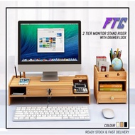 ‼️READY STOCK ‼️2 Tier Monitor Stand Riser With Drawer Lock Multifunction Wood Made Computer Table Top Storage Organizer