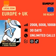 SIMPLY [eSIM] Orange | Europe/UK | 30 Days | 20GB/50GB/100GB Data + Unlimited Calls/SMS | No Registr