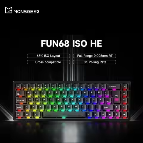Akko MonsGeek FUN68 HE ISO Magnetic Keyboard 65% DE Layout Black Transparent Keycaps RT0.005mm 8K Po