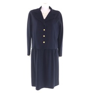 成色極佳★香奈兒 1990 年代復古 100% 羊毛 Coco 紐帶外套+連身裙兩件套 海軍藍 38 碼 法國製造 女款