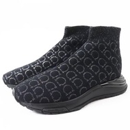 全新Salvatore Ferragamo Ferragamo Gancini 全針織襪式運動鞋，黑色和銀色，5.5 碼，帶防塵袋，意大利製造。