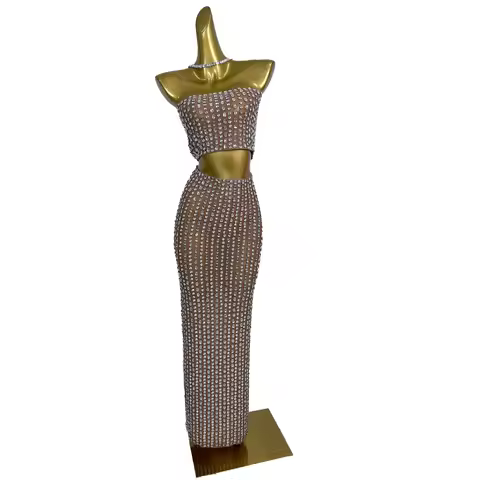 Night Party Sparkly Rhinestone Crop Tops Long Skirt 2Pieces Set Nightclub Show Women Outfit Drag Que