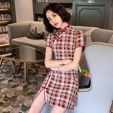 Chinese Style Womens Cheongsam Dress Cotton Linen Vintage Chinese Traditional Qipao Costume Wiggle B