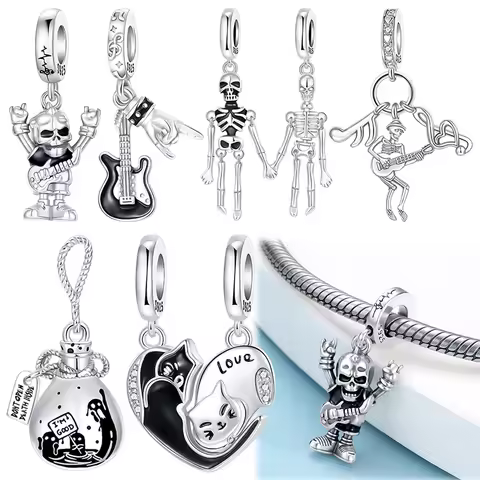925 Sterling Silver Punk Gothic Skeleton & Guitar Charms Rock & Roll Skull Black Cat Beads fit Brace