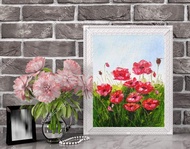 油画明亮的红色花朵在一个白色的花瓶Impasto艺术25x20厘米