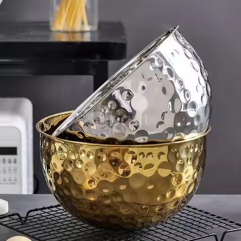 Gold /Silver Stainless Steel Hammer Point Fruit Bowl Salad Plate Egg Pot round Baking Mixing Cooking