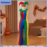 Acituna Complete Clown Cosplay Costume Halloween Clown Jumpsuit with Hat Patchwork Jester Costume Vi