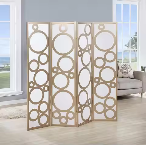 Gold 4-Panel Wooden Room Divider with Circular Design for Modern Interior Space Separation