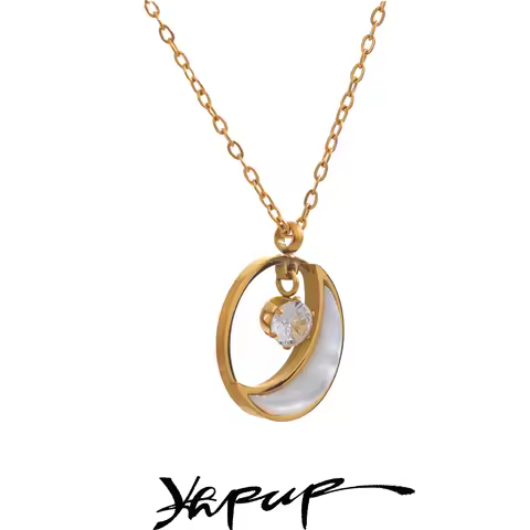 Yhpup Natural Shell Zirconia Moon Round Chic Pendant Necklace Korean Style Daily Jewelry Waterproof 