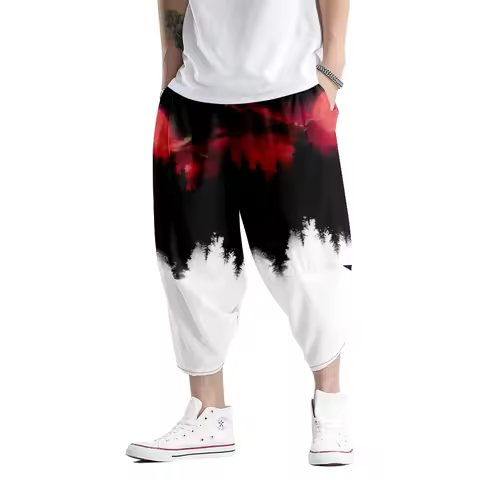 Forest Moon Print Japanese Kimono Traditional Pants Man Asian Harem Pants Japones Yukata Trousers Li