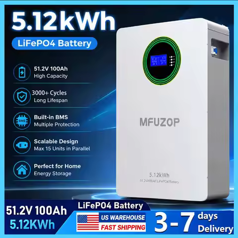 MFUZOP 51.2V 100A 5120WH LiFePO4 Lithium Battery 3000+ Cycles Support 15P Parallel Connection Power