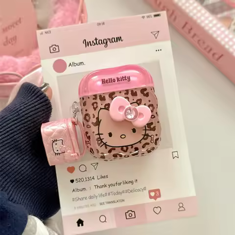 Earphone Case For Airpods 1 2 3 4 Pro 2 Cute Sanrio Hello Kitty leopard Print Wireless Bluetooth Hea