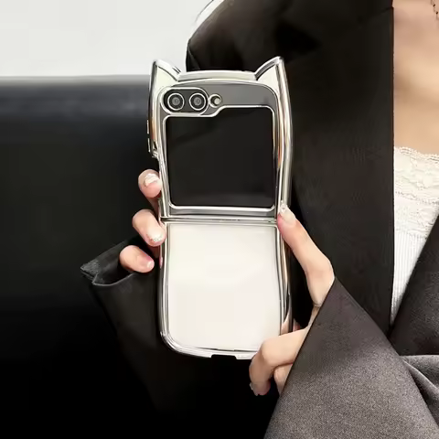 3D Electroplated Cat Ear Transparent Case for Samsung Galaxy Z Flip 3 4 5 6 7 5G Flip6 Shockproof Pr