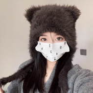 Cute Cat Ear Knitted Hat Women Winter Warm Face Slimming Big Head Size Overhead Hat Fluffy Cat Desig