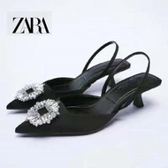 Zara High-Heeled Pointed Toe Diamond Buckle Women's Shoes Rose Pink Shiny Ornaments Slingback Classy Wedding Shoes