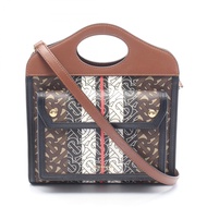 【二手】Burberry 迷你口袋包 2WAY 8019365 黑色/白色/ブラウンPVC塗層帆布皮革 TB Monogram 迷你口袋包
