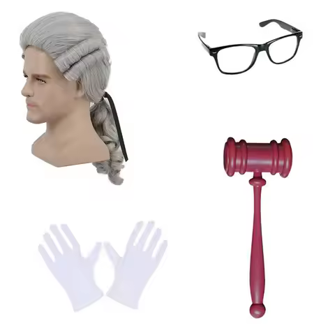 Halloween Judge Costume Set 4Pcs Grey Judge Wig Gavel Black Glasses White Gloves 18th Century Barris