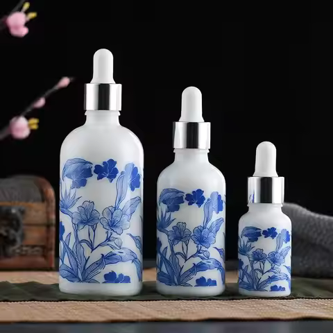 Hot Sale Blue and White Floral Glass Dropper Bottles - Refillable Cosmetic Containers for Serum, & S