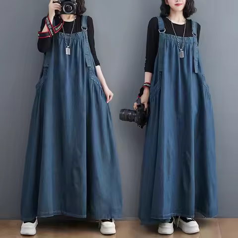 Loose Fitting Vintage Denim Halter Dress Blue Maxi Skirt Swing Style Women's Fashion Spring Summer A