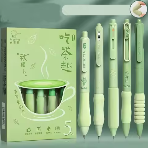 5PCS/Pack Green Series 0.5MM Gel Pen For Students Soft Touch Writing Pen Black Refill Stationery Pen