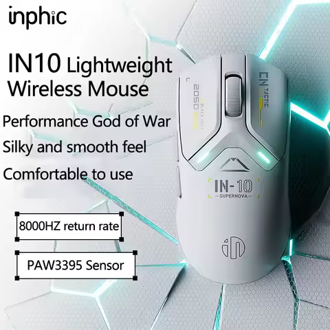 INPHIC IN10 Three Mode Game Mouse DPI26000 Lightweight Mouse PAW3395 8K Receiver Wireless Mouse Supp