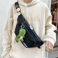 日系簡約胸包 男裝斜孭袋 運動風情侶款 百搭後背腰包- 黑色 裸包