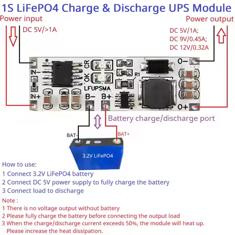 2 IN 1 DC 3.2V LiFePO4 Battery Charge & Discharge UPS Module 5V 9V 12V DC DC Boost Converter for Ard