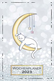 Wochenplaner 2023: Katze, Mond | A5 (6x9) | 1 Woche auf 2 Seiten | Softcover | mit Monatsübersicht &amp; Kontakttabelle | Katzenmotiv | qd2 (German Edition)