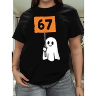Plus Size, Women's Funny 67 Meme Number Joke T-Shirt - Casual Short Sleeve Round Neck Top with Six &