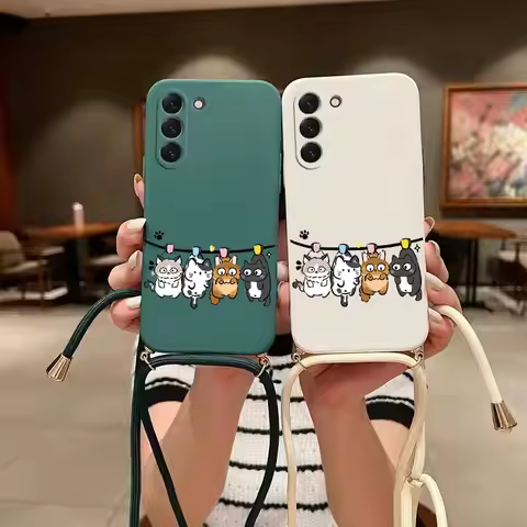S23 Four Little Cat Lanyard Silicone Phone Case For Samsung S23 S24 S23FE S24Plus S23Ultra S22 S23Pl