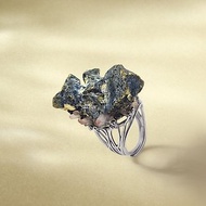 紅水晶共生黃銅礦活口戒指 隨形原石標本晶簇晶柱手工指環 S925銀