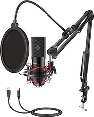 FIFINE USB Microphone Set with Flexible Boom Arm Stand Pop Filter, Plug and Play with PC Desktop Laptop Computer, Streaming Podcast Instrument Mic Kit for Home Studio (T732)
