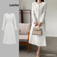【In stock】Lovito Women Casual Plain Button Draped Textured Fabric Dress L102AD486 9TIG H6JR JUN7 5LQ