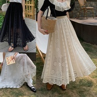 Bohemian Floral Lace Gauze Mid-Length Skirt Women Elastic High Waist A-Line Long Skirt Palace Style 