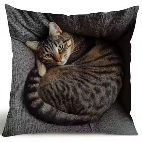 Adorable Tabby Cat Throw Pillow Cover Winter Design with Sleeping Tabby Kitten Cushion Case for Home