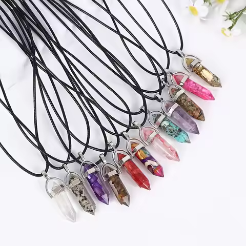 10Pcs Resin Pebble Natural Stone Hexagonal Prism Pendant with Adjustable Black Leather Cord, Synthet