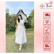 (GENUINE HALE) V611 Ha Thanh Boutique luxuriously designed maxi flared cream dress made of lace and 