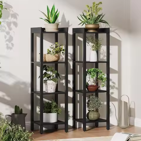 hoobro small bookcase, industrial style bookshelf for narrow spaces, 4-tier square book shelf stand,
