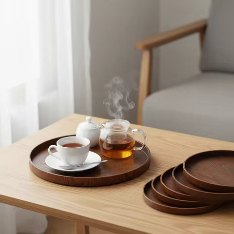 Vintage Round Serving Tray Wooden 21/24/27/30/33cm Wood Platte Tea Food Tray Coffee Home Table