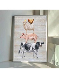 1入組復古動物母牛和小雞海報，防水帆布藝術品，用於鄉村客廳農舍裝飾，無框