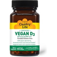 Country Life Vegan D3 5000 IU, 60 Softgels, Certified Gluten Free, Certified Vegan