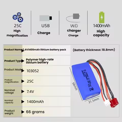 1-4pcs T Plug 103052 7.4V 1400mAh 2S Lipo Battery 25C Battery for Wltoys A959-B A969-B A979-B K929-B