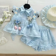 A ai2 Girls Suit Summer Preppy Style Flying Sleeve Flower Shirt Children Lace Shorts Princess Two Se