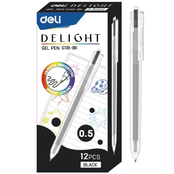 Hộp 12 Bút Gel 0.5 mm - Deli EG118-BK - Mực Đen
