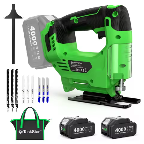 Taskstar Cordless Jig Saw Tool With 2*4.0Ah Batteries Brushless 9 Blades 0–45° Bevel Cutting 4 Orbit