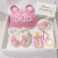 Baby Full Month Gift Set - Wool Hats and Shoes Embroidered with Names on Demand, High Quality Handma