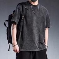美式短袖水洗做旧纯棉复古欧美高街新款t恤男宽松重磅inst恤黑灰American short sleeve washed old cotton retro European and American 