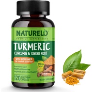 NATURELO Turmeric Curcumin 120 Vegan Capsules BioPerine for Better Absorption - Curcuminoids, Black Pepper, Ginger Powder - Plant-Based Joint Support