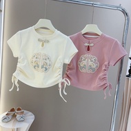 2-13 years old Kids Girl Clothing Chinese Style Top Embroidery T Shirt Cotton Short Sleeve